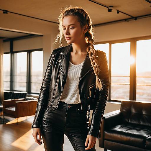 Fashion Model with Bubble Braid in Leather Jacket