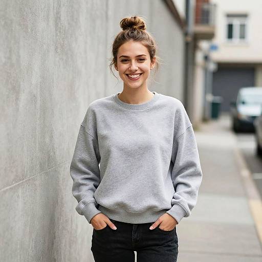 Photograph of a smiling young woman with brown hair in a bun, wearing a gray sweatshirt and black pants, standing against a concrete wall in an