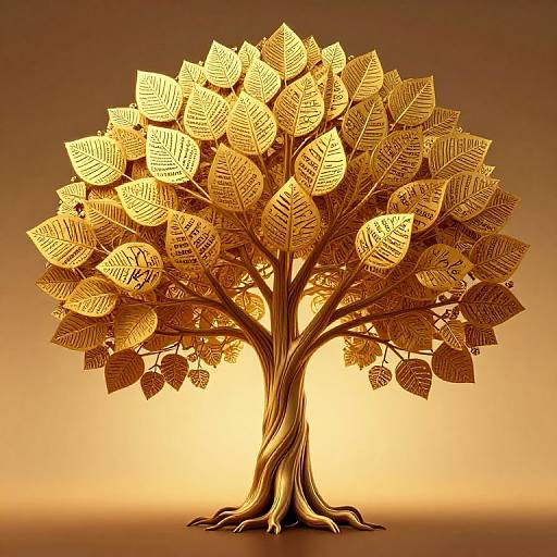 Golden, intricately patterned tree with detailed leaves, standing against a glowing yellow-orange gradient background. Digital artwork with a warm, metallic sheen.