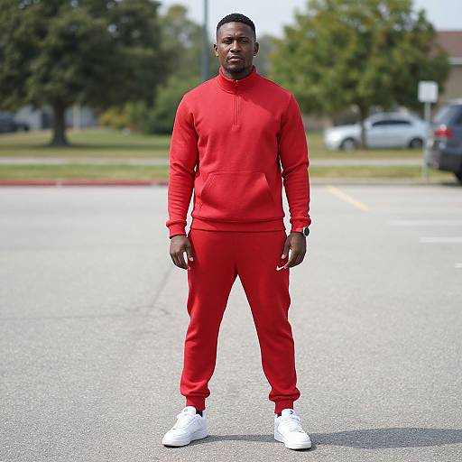 Photograph of a Black man standing in a parking lot, wearing a bright red tracksuit with white sneakers, against a blurred suburban background.