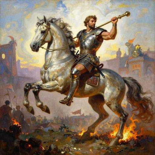 Digital painting of a muscular, bearded warrior in shiny armor riding a rearing white horse amidst a fiery battlefield with ancient ruins.