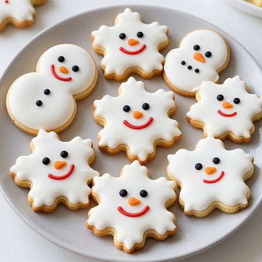 Photograph of white icing-decorated star-shaped cookies with smiling snowmen faces, featuring black eyes, orange noses, and red lips, on a