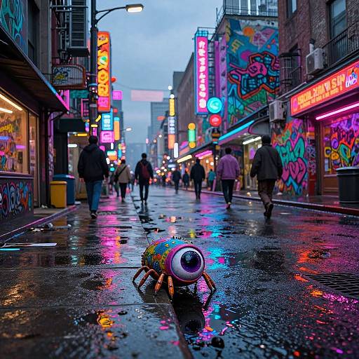 Photograph of a vibrant, neon-lit urban street at dusk, with a colorful, rainbow-splattered toy eyeball in the wet, reflective