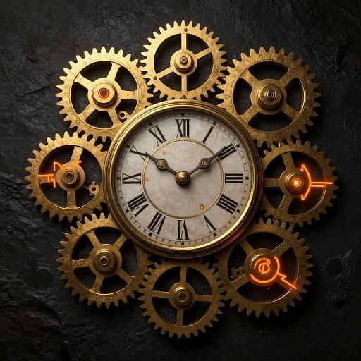 Photograph of a steampunk-style clock featuring gold gears and a white clock face with black Roman numerals, set against a dark, textured background