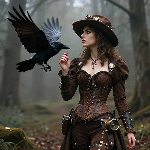 Steampunk Raven in Misty Gothic Forest