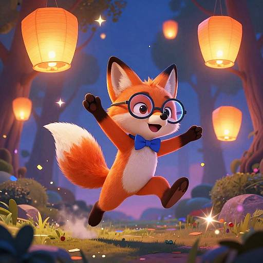 Cute cartoon fox with glasses and blue bowtie joyfully jumps in enchanted forest, illuminated by glowing paper lanterns. Digital illustration.