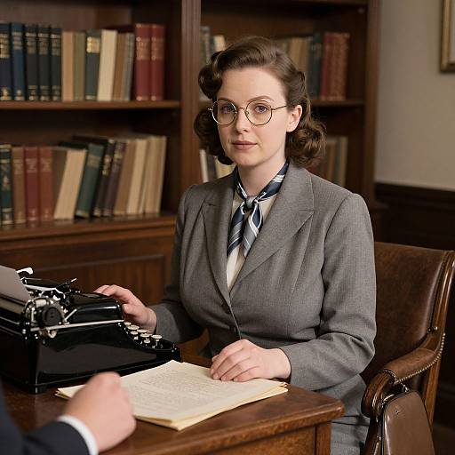 Photograph of a 1940s-style woman in a gray suit, blue striped tie, and glasses, typing on a vintage typewriter in a