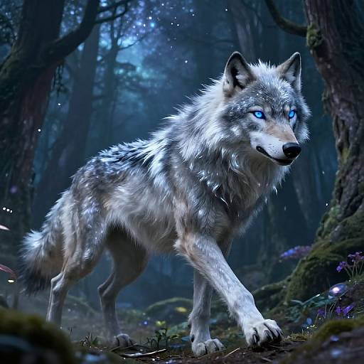 Digital artwork of a glowing blue-eyed wolf with silver and gray fur, walking through a mystical, moonlit forest with enchanted plants and ethereal lights.