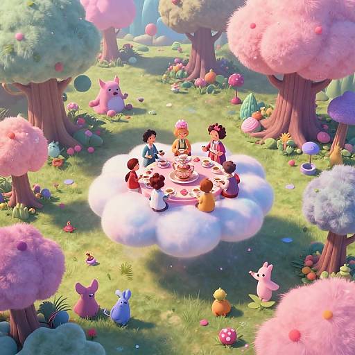Whimsical digital art of colorful children having a tea party on a cloud in a vibrant, fairy-tale forest with fluffy pink trees and adorable creatures