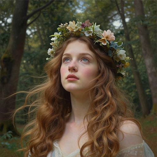 Photograph of a fair-skinned, blue-eyed young woman with long, wavy auburn hair, wearing a floral crown and off-should