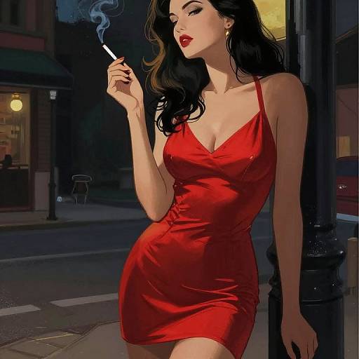 Digital art of a sexy woman with long black hair, red lipstick, and a tight red dress, smoking at night on a city street.