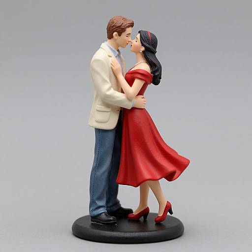 Photograph of a detailed, colorful figurine depicting a brown-haired man in a white blazer and blue jeans kissing a black-haired woman in a red