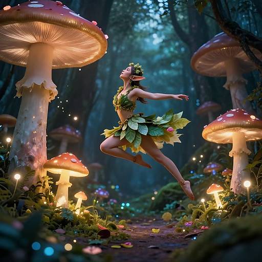 Digital fantasy art: Elf woman with leafy skirt and crown, dancing among glowing, oversized mushrooms in a magical forest.