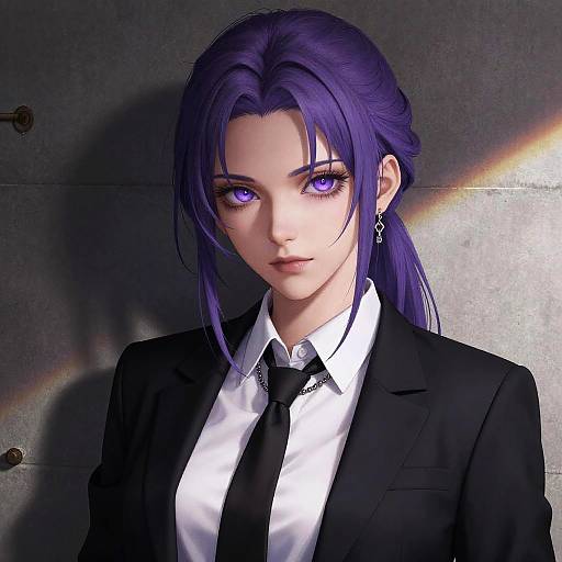 Digital anime-style portrait of a purple-eyed woman with purple hair in a black suit, white shirt, and black tie, standing against a metallic background.