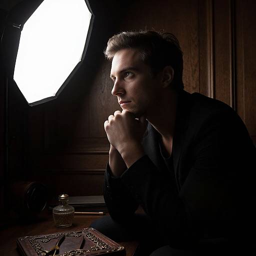 Photograph of a pensive man with short, dark hair, sitting in shadowy wooden room, illuminated by bright studio light. Hands clasped,