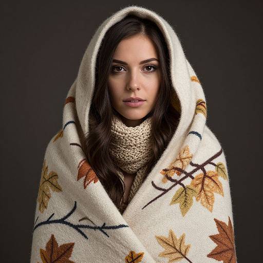 Photograph of a young woman with long dark hair, wearing a white knitted scarf and hooded blanket with autumn leaves pattern, against a dark background