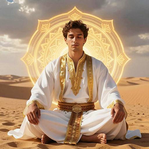 Photograph of a young man with curly brown hair, sitting cross-legged in white and gold-trimmed traditional attire, meditating in a desert with