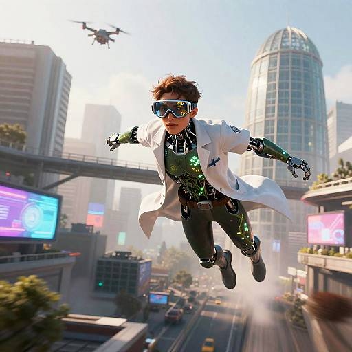 Cyborg Botanist Soaring Over City