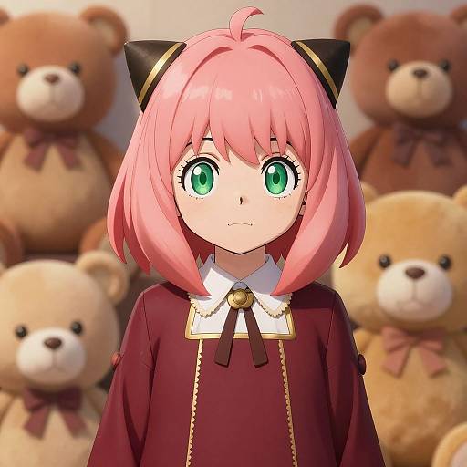 Anime-style digital drawing of a girl with pink hair, green eyes, black cat ears, and a maroon dress, surrounded by brown teddy bears