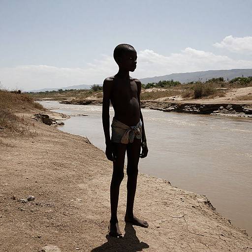 Photograph of a silhouetted, bare-chested African child standing by a riverbank in a dry, arid landscape under a bright,