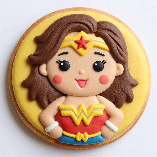 Cute, cartoon-style, fondant cake topper of Wonder Woman with brown hair, red top, yellow star tiara, and yellow Wonder Woman