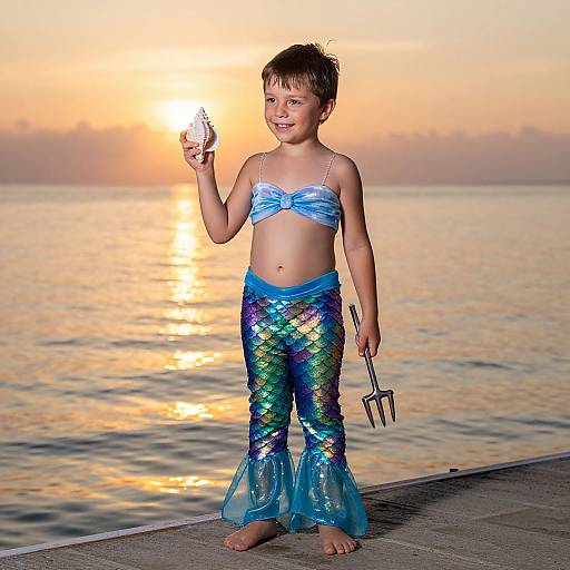 Photograph of a young boy in a mermaid costume with blue sequined leggings, light blue top, holding a shell and fork, standing on a