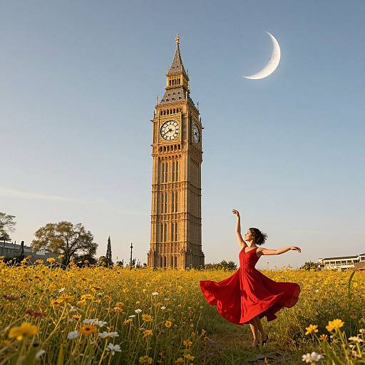 Photograph of a woman in a red dress dancing in a field of yellow flowers, with Big Ben and a crescent moon in the clear blue sky