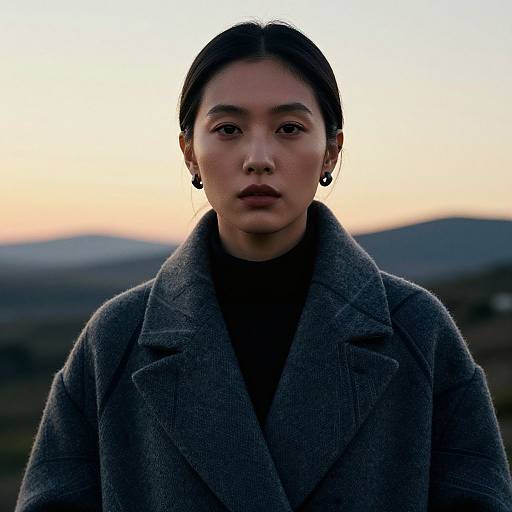 Photograph of a serious East Asian woman with dark hair in a bun, wearing a gray wool coat and black turtleneck, set against a blurred