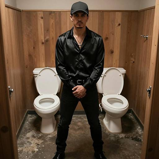 Serious Man in Grimy Bathroom Setting
