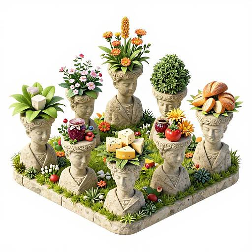 Photograph of six stone Buddha statues, each adorned with various colorful flowers, surrounded by grass and small plants, arranged in a rectangular base.