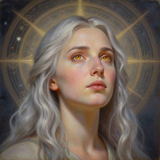 Digital painting of a fair-skinned woman with wavy silver hair, golden eyes, and a radiant halo, gazing upward against a dark, star