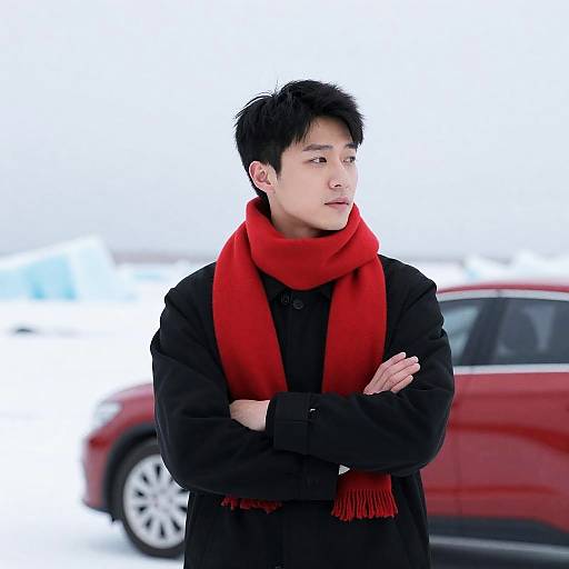 East Asian Man in Red Scarf in Snowy Landscape