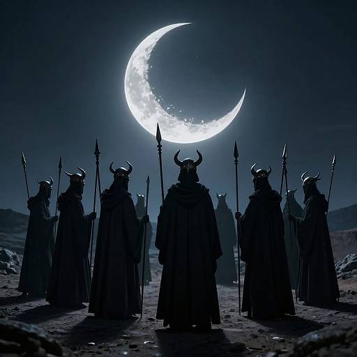 Silhouetted warriors with horned helmets stand in a desert under a glowing crescent moon, holding spears, in a digital art style.