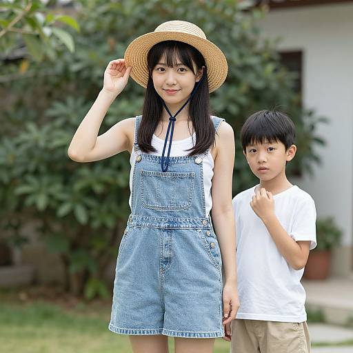 Photograph of an Asian woman in denim overalls and straw hat, standing with a young Asian boy in a white t-shirt. Background: greenery