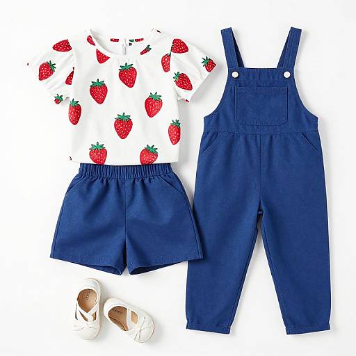 Photograph of blue children's overalls and shorts with strawberry-patterned shirt, paired with white ballet shoes on a white background.