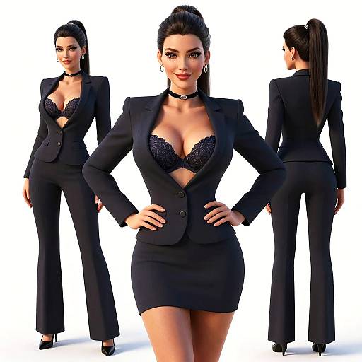 Digital CGI image of a confident, dark-haired woman in black blazer, lace bra, and skirt, shown from front, side, and back.