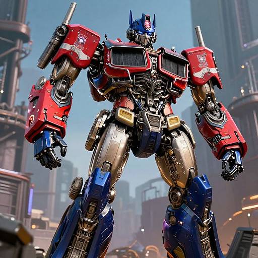 CGI image of a red, blue, and gold Optimus Prime-style Transformers robot standing in a futuristic, industrial cityscape with skyscrapers and