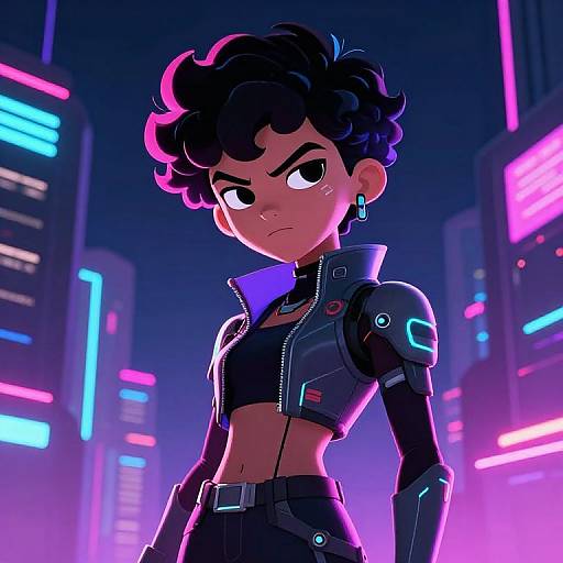 Digital art of a fierce, curly-haired, dark-skinned woman in a neon-lit cyberpunk city, wearing a black, futuristic crop top and