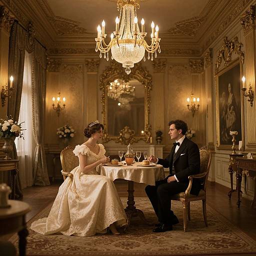 Photograph of a romantic, golden-lit ballroom; a bride in a white gown and a groom in a black tuxedo sit at a