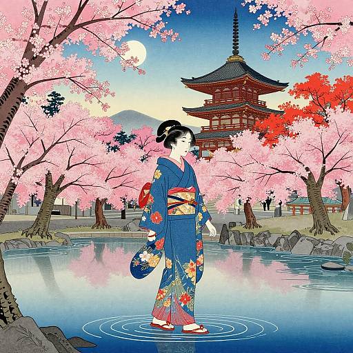 Ukiyo-e Woman in Cherry Blossom Grove