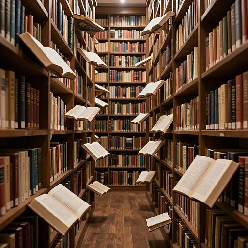 Photograph of a library aisle with dark wooden shelves filled with books, illuminated by floating open pages in mid-air. Warm, inviting ambiance.