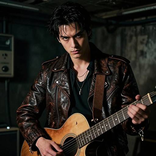 Intense photograph of a dark-haired, pale-skinned man in a black leather jacket, playing a worn acoustic guitar in a dimly lit, gritty
