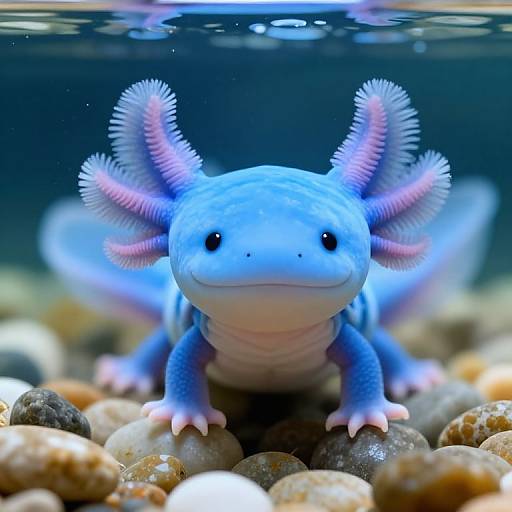 Photograph of a vibrant blue underwater creature with pink, feather-like appendages, black eyes, and a white belly, amidst pebbles.