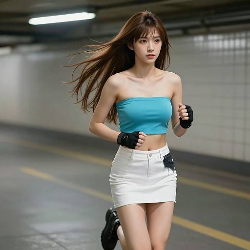 Photograph of an attractive young Asian woman with long brown hair, wearing a blue tube top, white mini skirt, black gloves, and black boots,