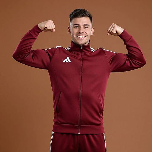 Photograph of a smiling, muscular man with short black hair, flexing his biceps in a maroon Adidas tracksuit against a brown background.