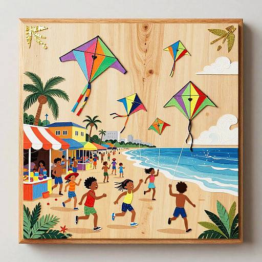 Polished Wood Panel: Caribbean Kite Scene