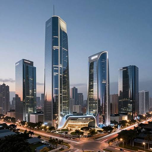 Photograph of a modern cityscape at dusk, featuring illuminated, sleek skyscrapers with glowing blue and white lights, surrounded by darkening sky and