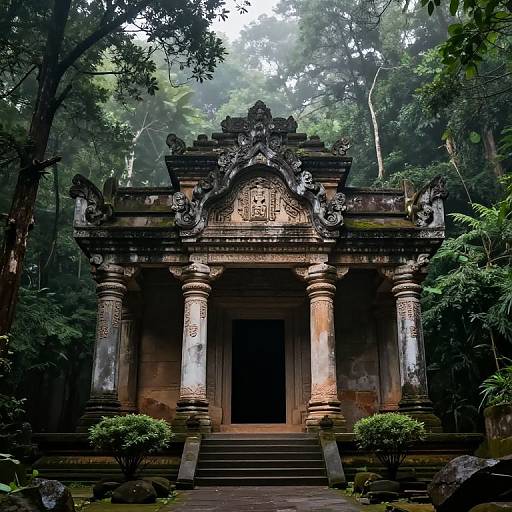 Ancient Temple in Misty Forest