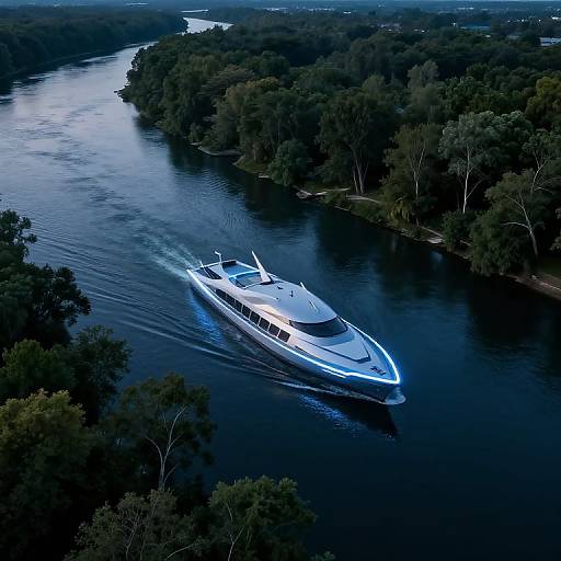 Aerial photograph of a sleek, white luxury yacht with glowing blue lights navigating through a dark, forested river at night.