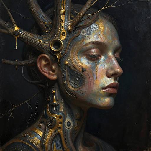 Digital artwork of a cybernetic woman with metallic, golden, and copper adornments covering her face and head, set against a dark background. Her